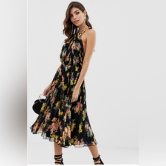 ASOS Black Floral Criss Cross Back Dress 4 NWT - Picture 1 of 10